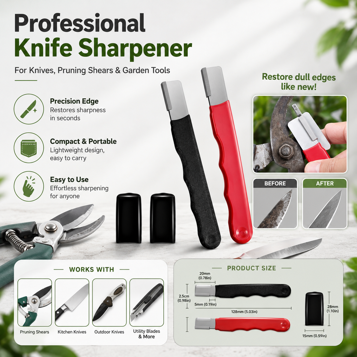 Compact red and black multi-function knife sharpeners for kitchen knives and pruning shears