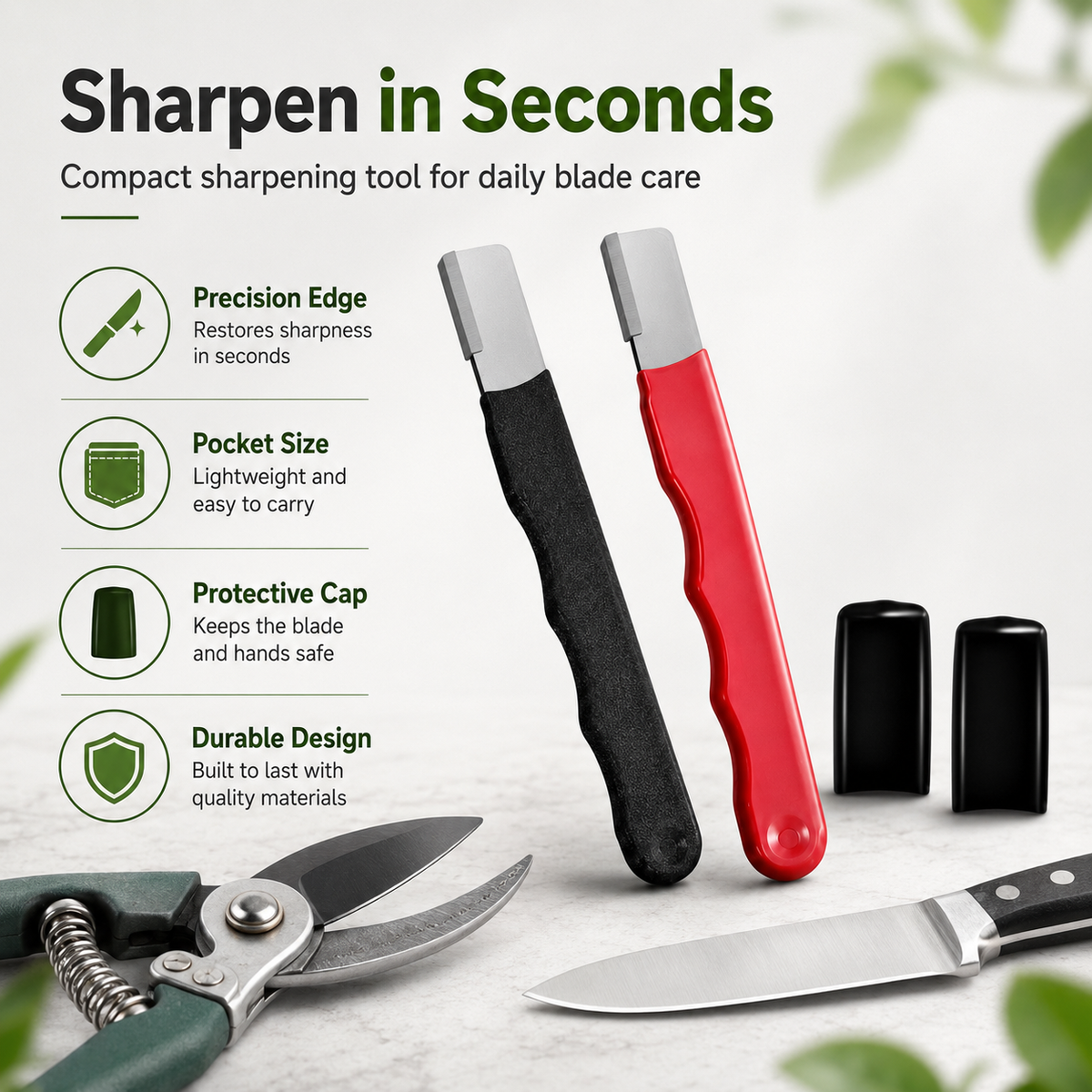 Red and black compact knife sharpeners with protective caps