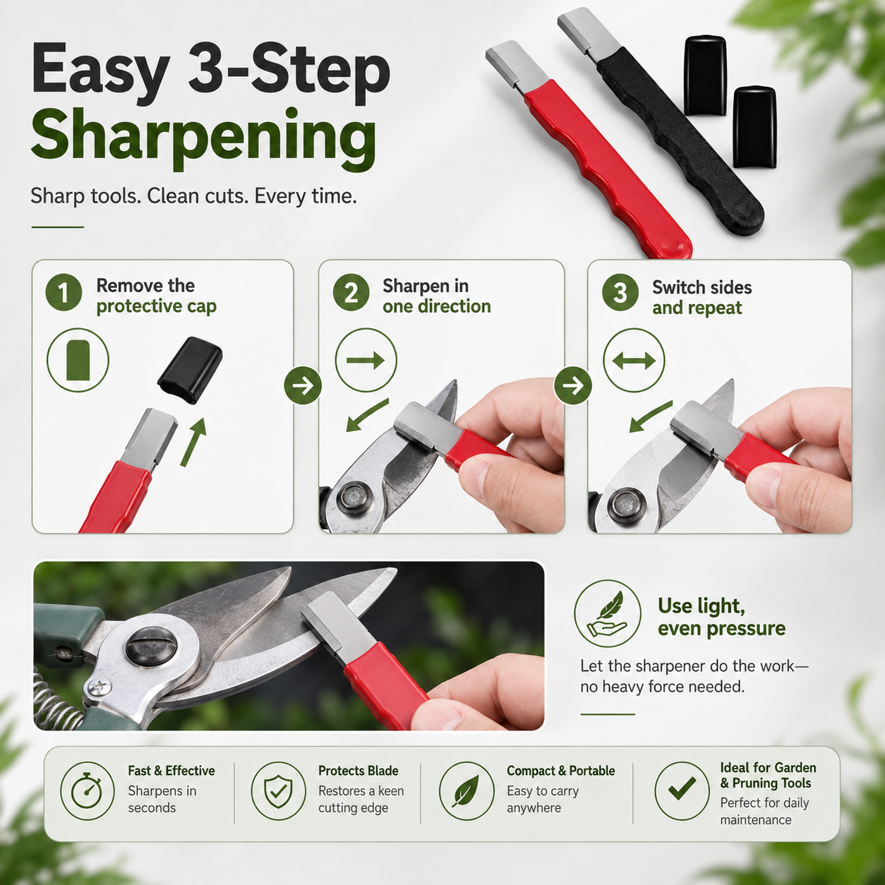 Three step sharpening instructions remove protective cap sharpen one direction and switch sides