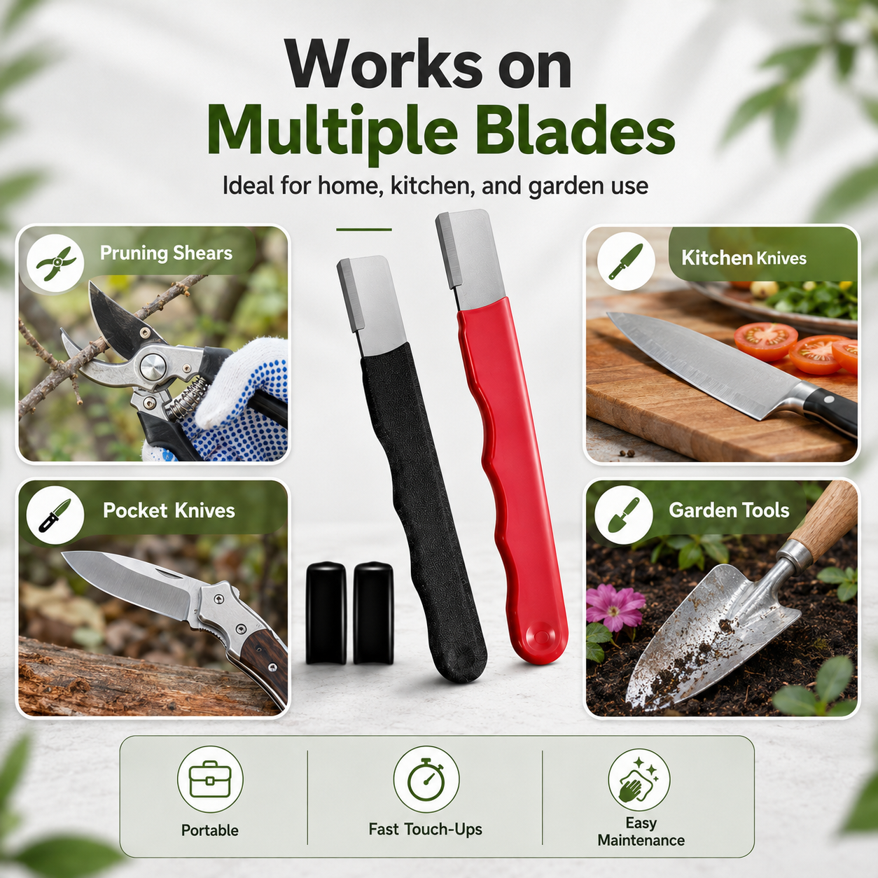 Multi-function sharpener shown with pruning shears kitchen knives pocket knives and garden tools