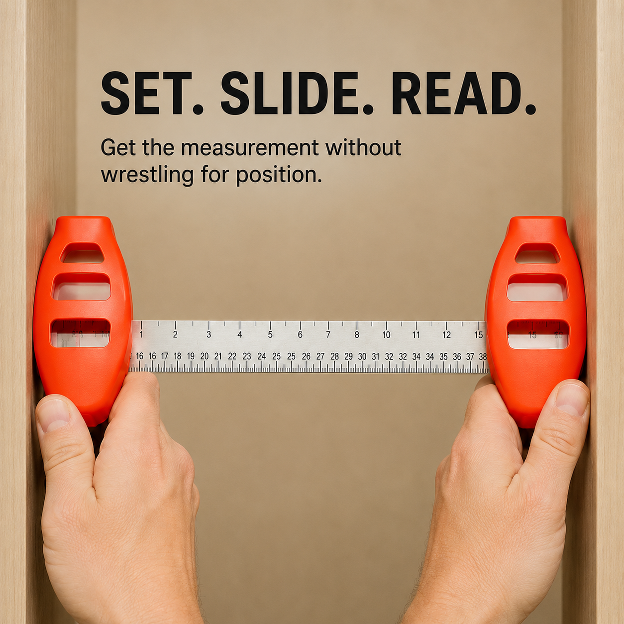 Adjustable measuring ruler positioned between two surfaces