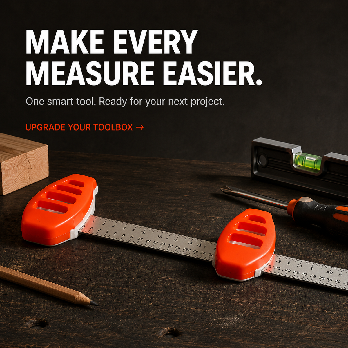 3-in-1 picture hanging tool on a workbench