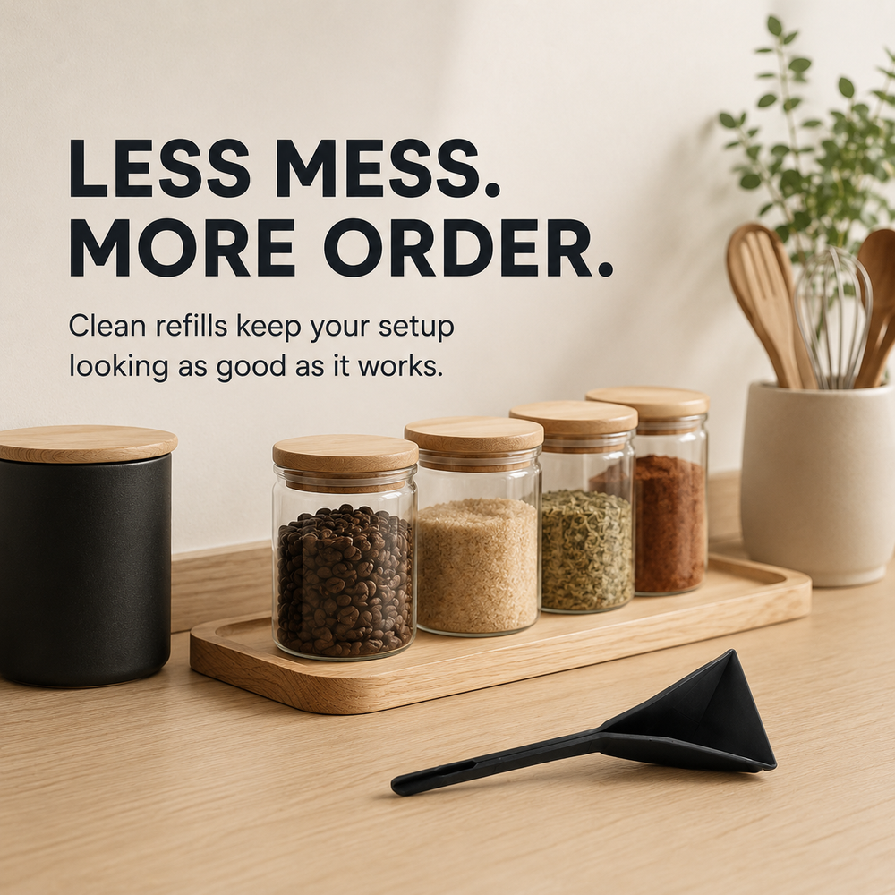 Foldable measuring spoon on an organized kitchen counter