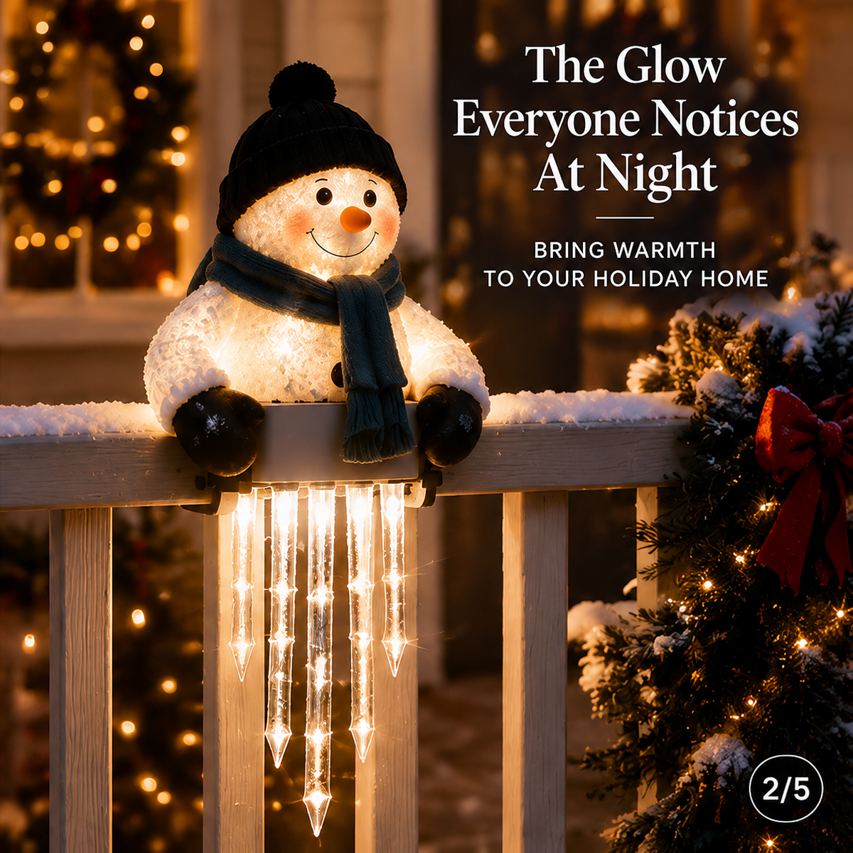 Snowman holiday light decor with glowing icicle-style strands