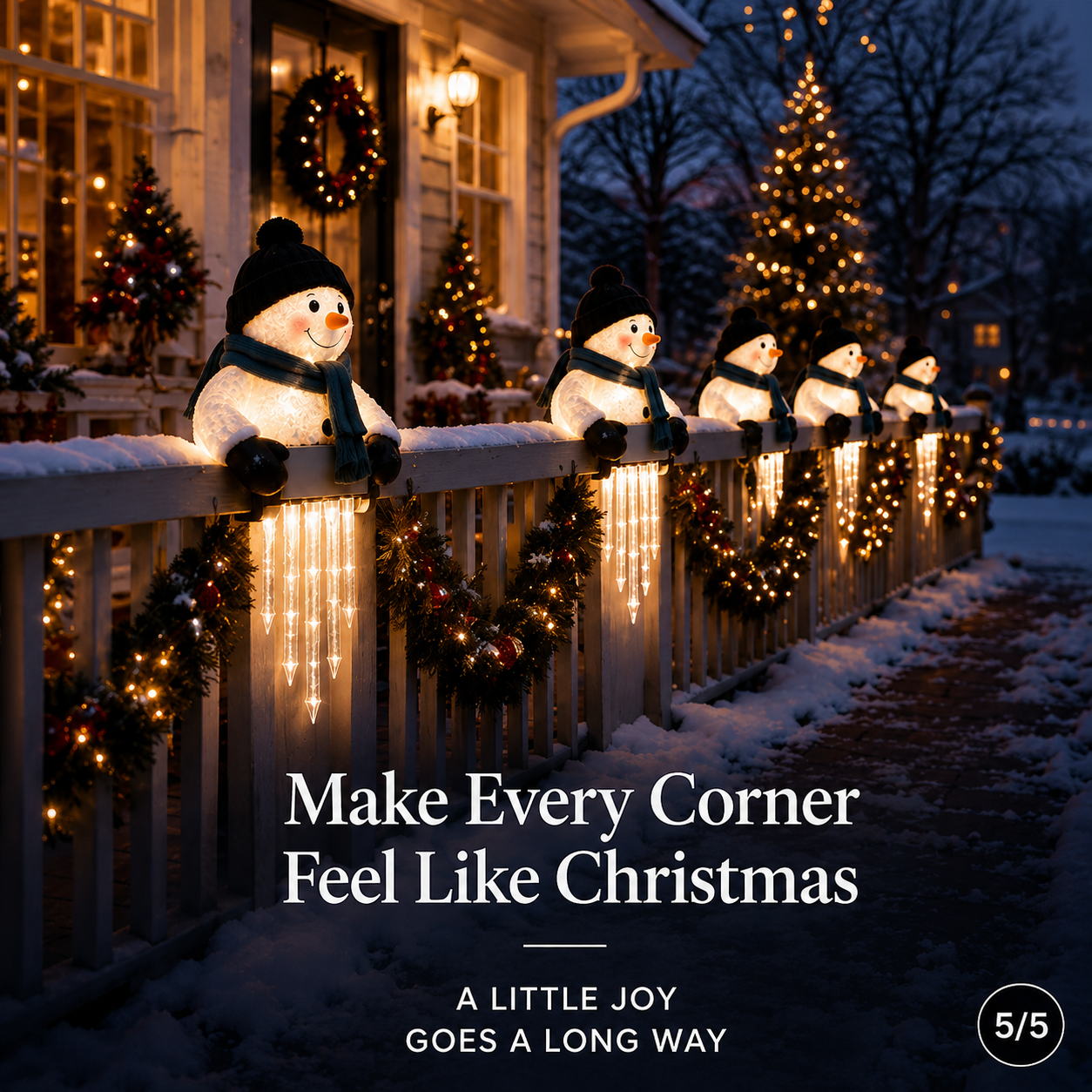 Multiple WinterGlow Snowman Icicle Light decorations in Christmas display