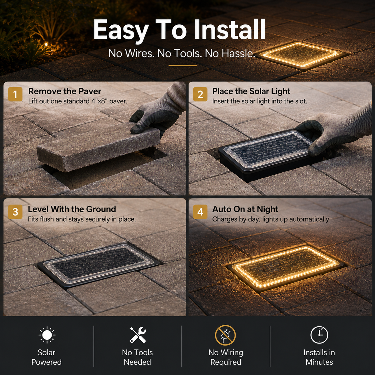 ☀️ Solar Paver Lights 4'×8' – Warm White Recessed Ground Lights for Driveways, Walkways & Patios