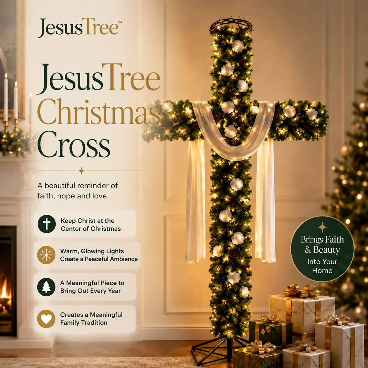 JesusTree Christmas Cross decorated with warm lights white flowers and draped fabric