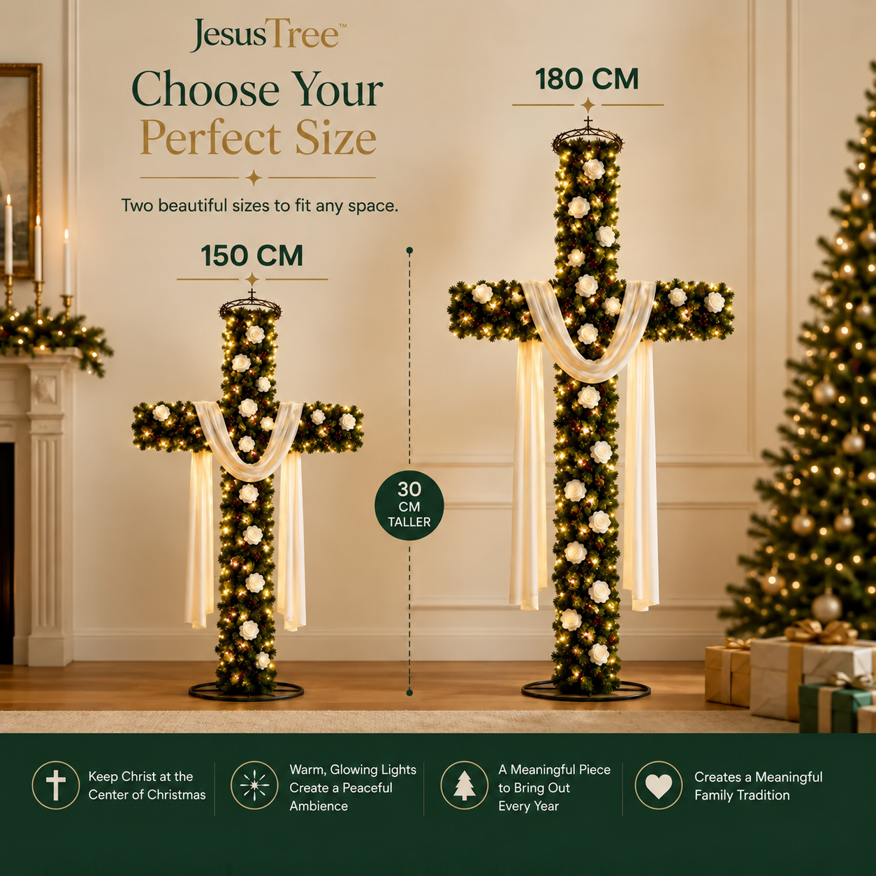 JesusTree Christmas Cross size comparison between 150 cm and 180 cm
