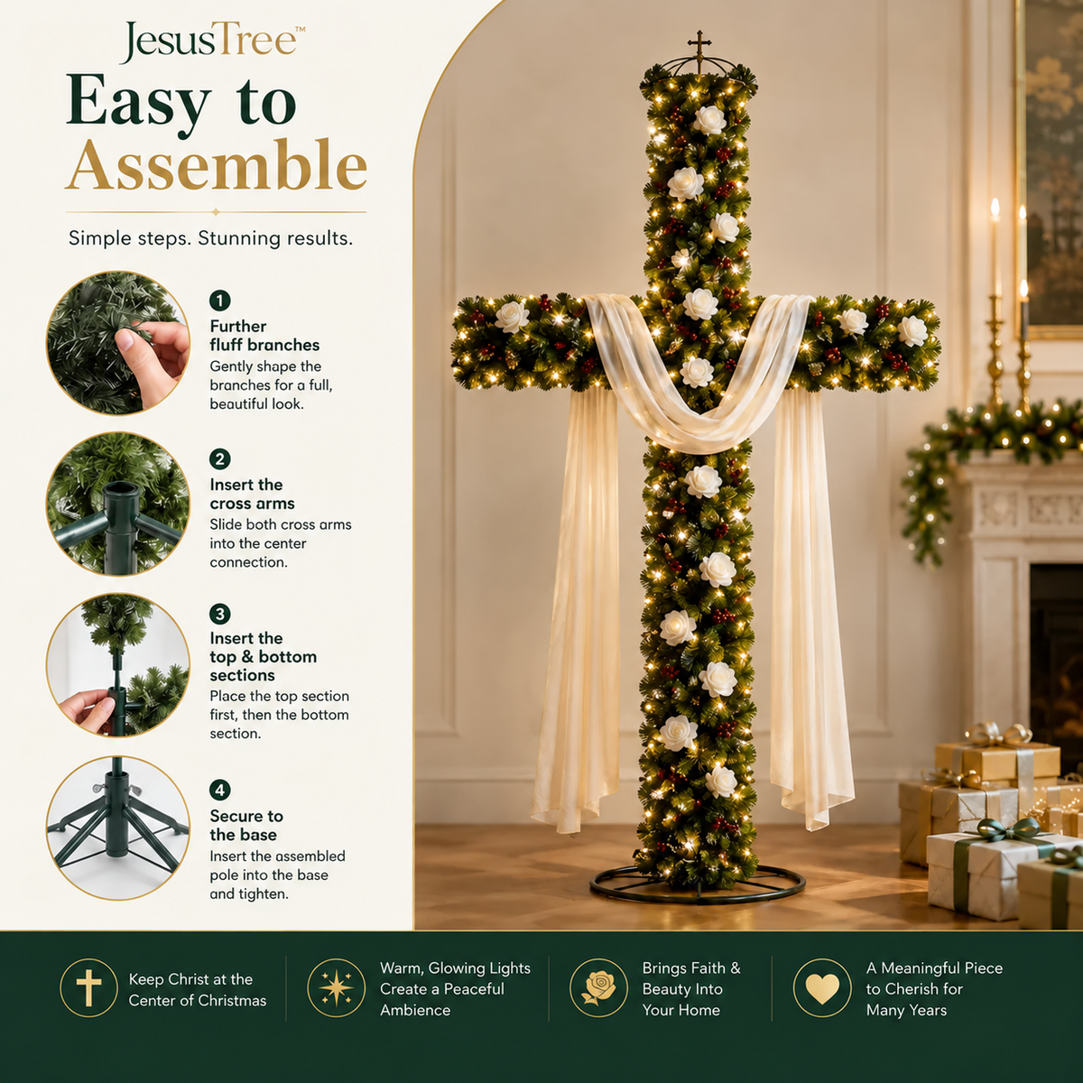 Four step assembly guide for JesusTree Christmas Cross
