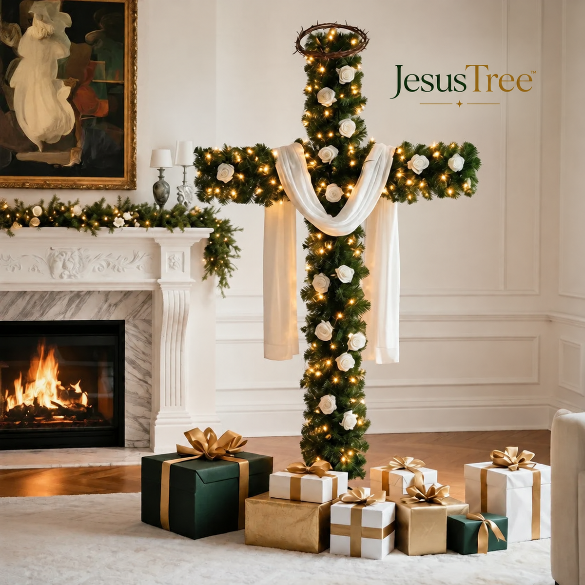 JesusTree illuminated Christmas cross displayed beside fireplace and Christmas gifts