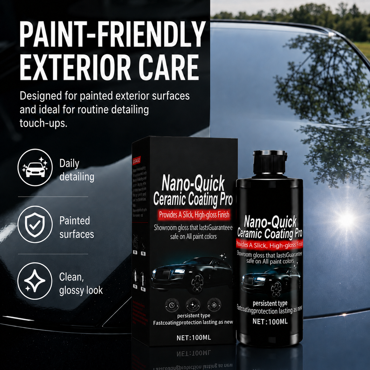 Automotive Nano Ceramic Coating Spray, Quick Ceramic Paint Protection for Cars & Motorcycles, High-Gloss Showroom Finish, Super Hydrophobic Water-Repellent Car Polish & Detailing Spray (100ML)
