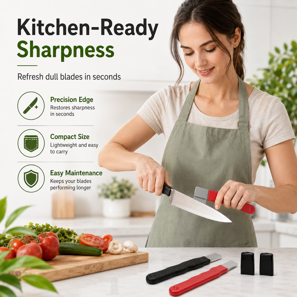 Home cook using compact sharpener on kitchen knife