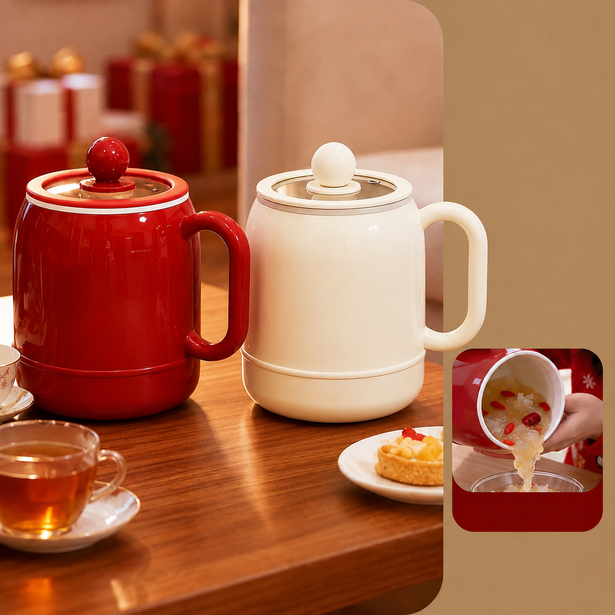 Red and white portable electric stewing cups