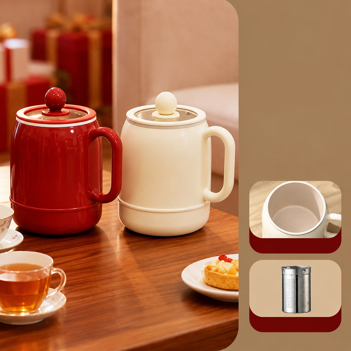 Red and white compact electric cooking cups on dining table