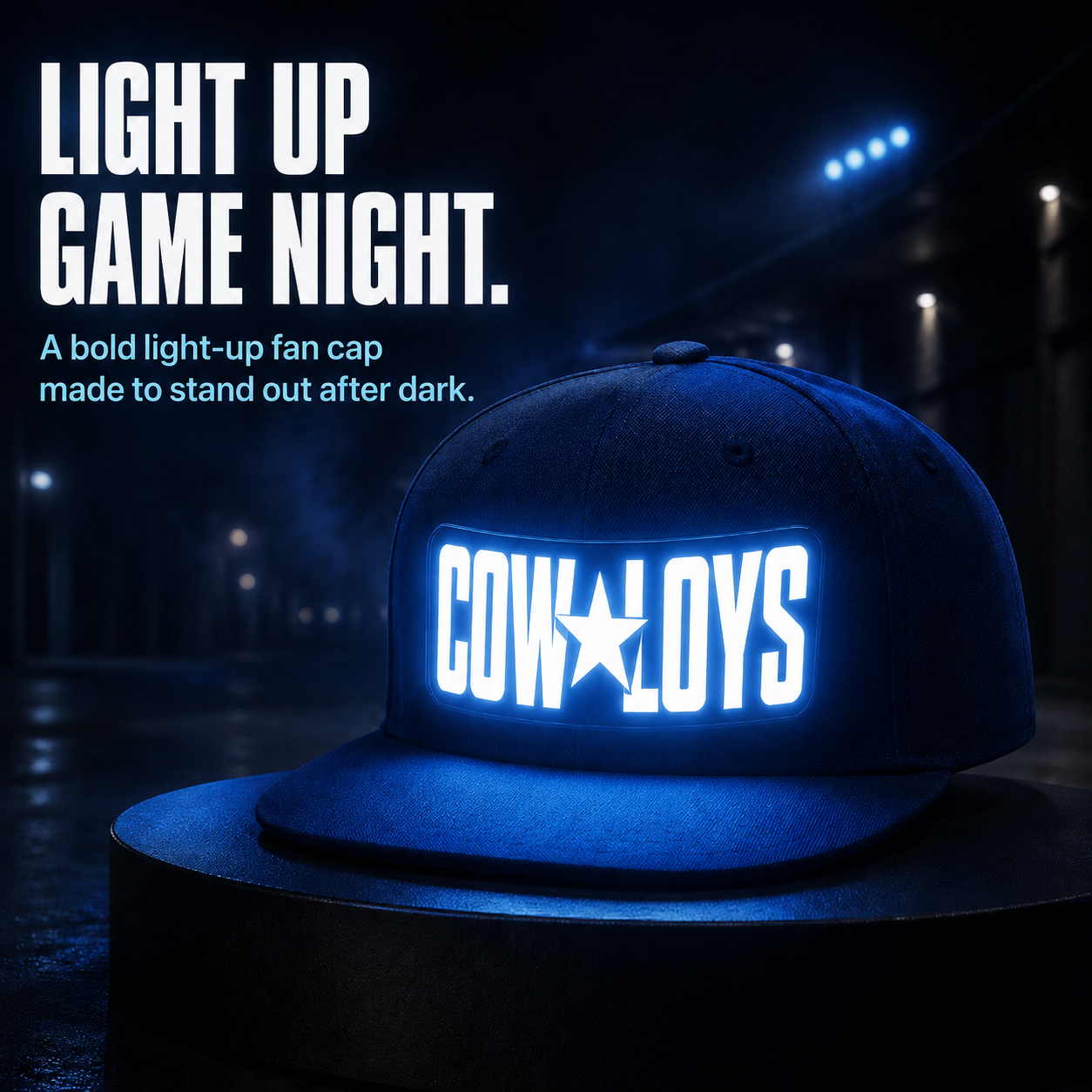 Light-Up Game Day Fan Cap – Glow Logo Flat-Brim Hat