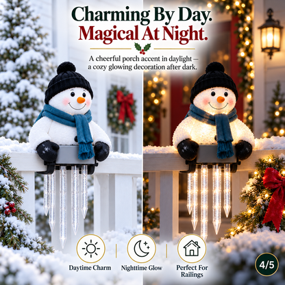 WinterGlow snowman icicle light glowing at night for Christmas