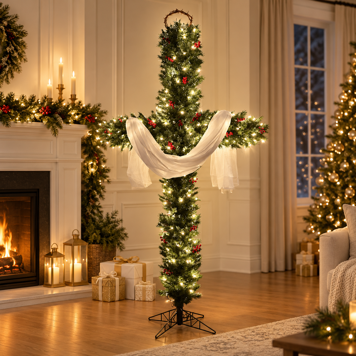 Illuminated green JesusTree Christmas Cross with warm lights in living room