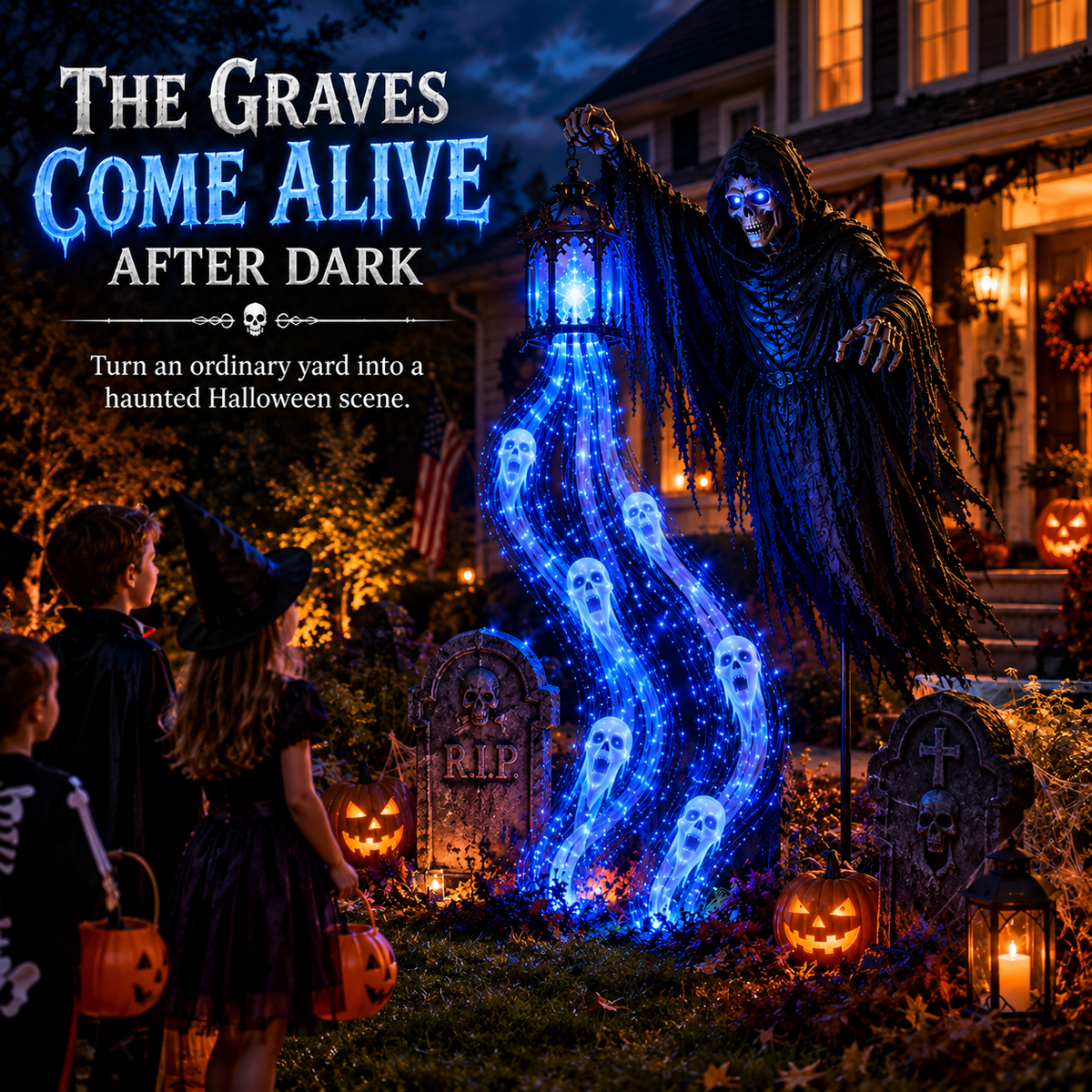 Halloween Soul Harvester creating a glowing haunted yard display at night
