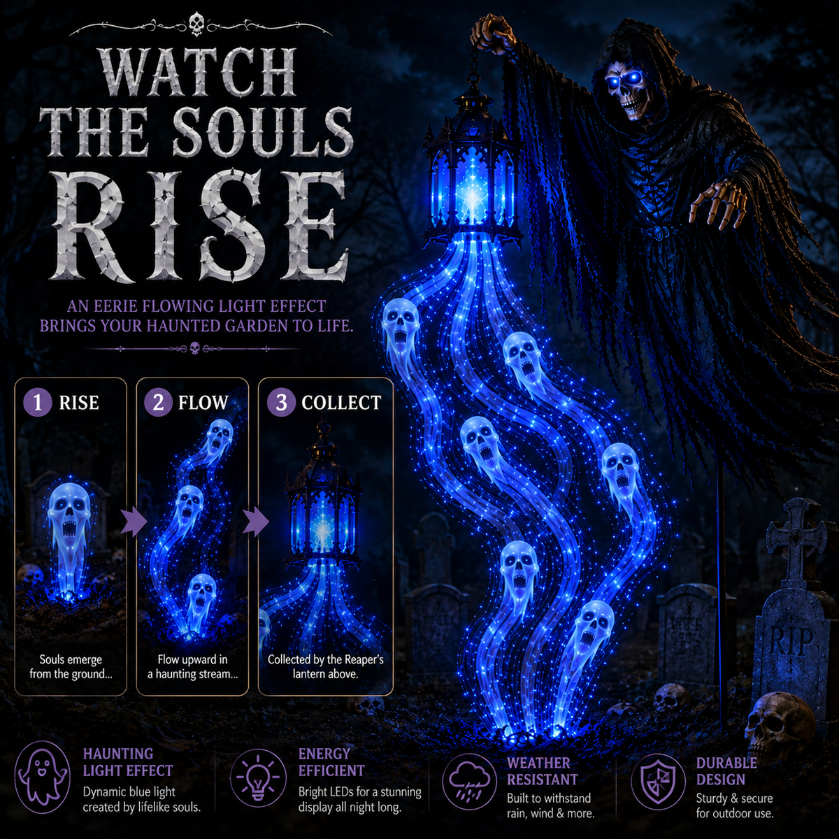 Blue illuminated souls appearing to rise toward the Halloween Reaper lantern