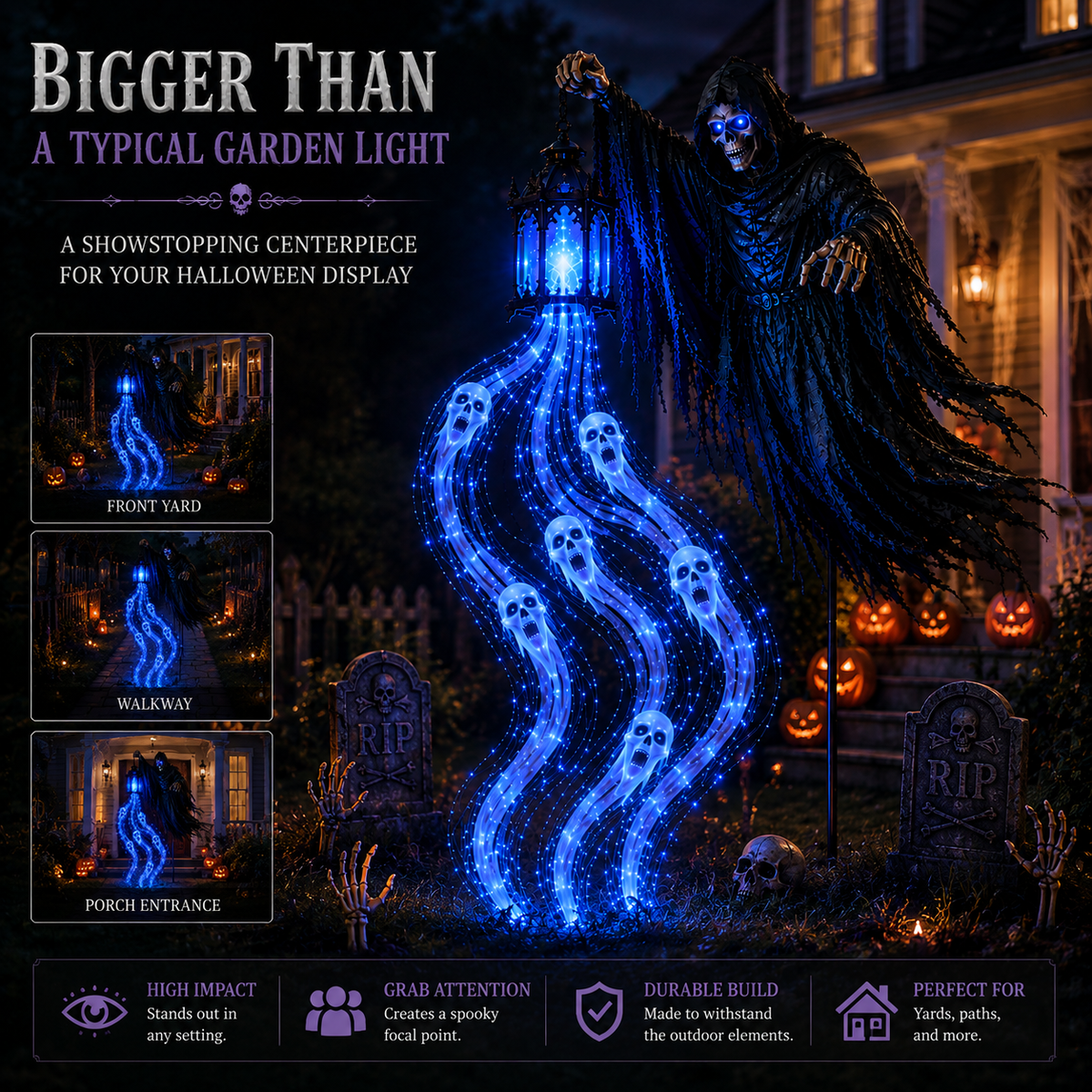 Halloween Soul Harvester light displayed in front yard walkway and porch settings