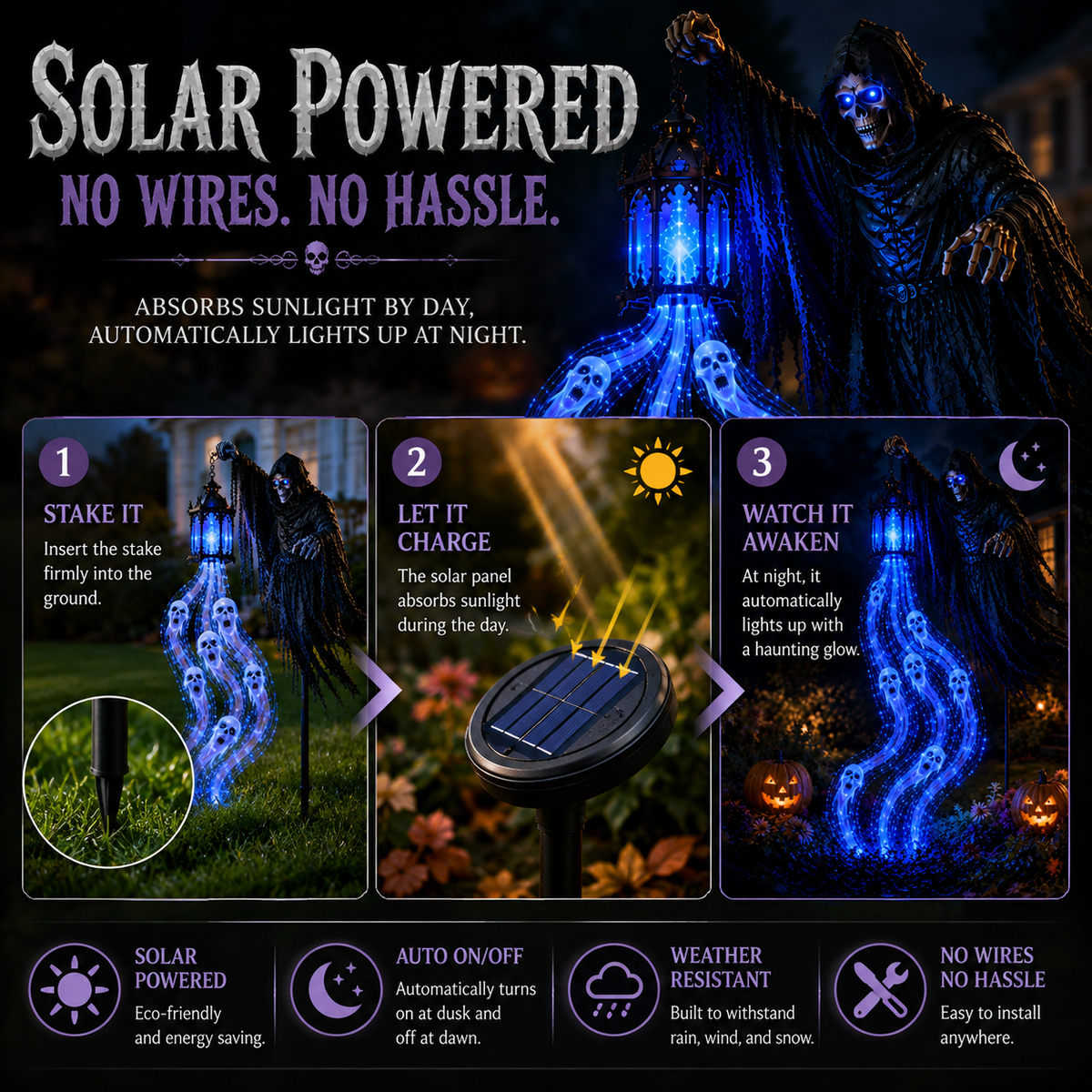 Solar powered Halloween Soul Harvester showing ground stake solar charging and nighttime illumination