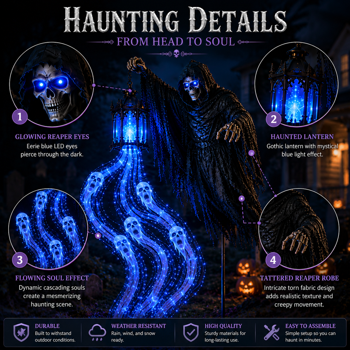 Detailed Halloween Soul Harvester showing glowing eyes lantern flowing spirits and tattered robe