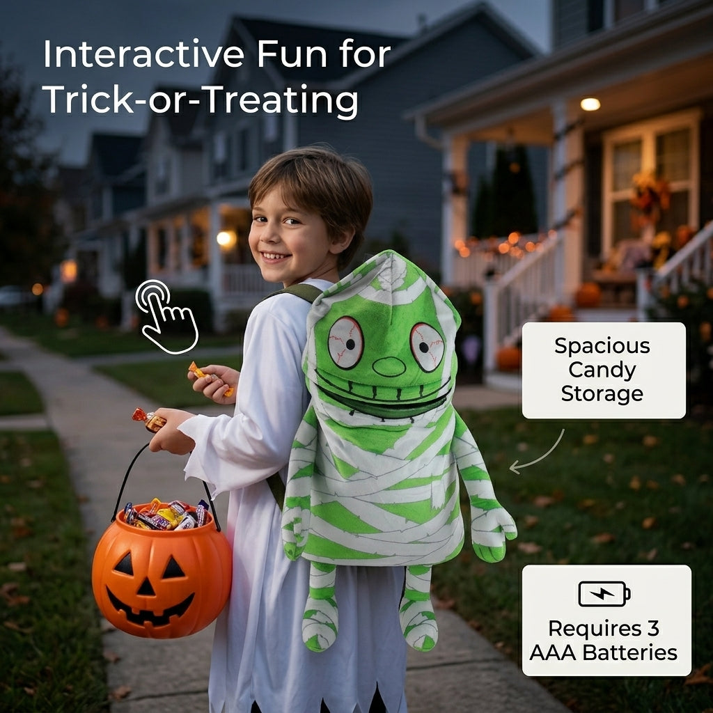 Child wearing animated mummy Halloween trick or treat backpack