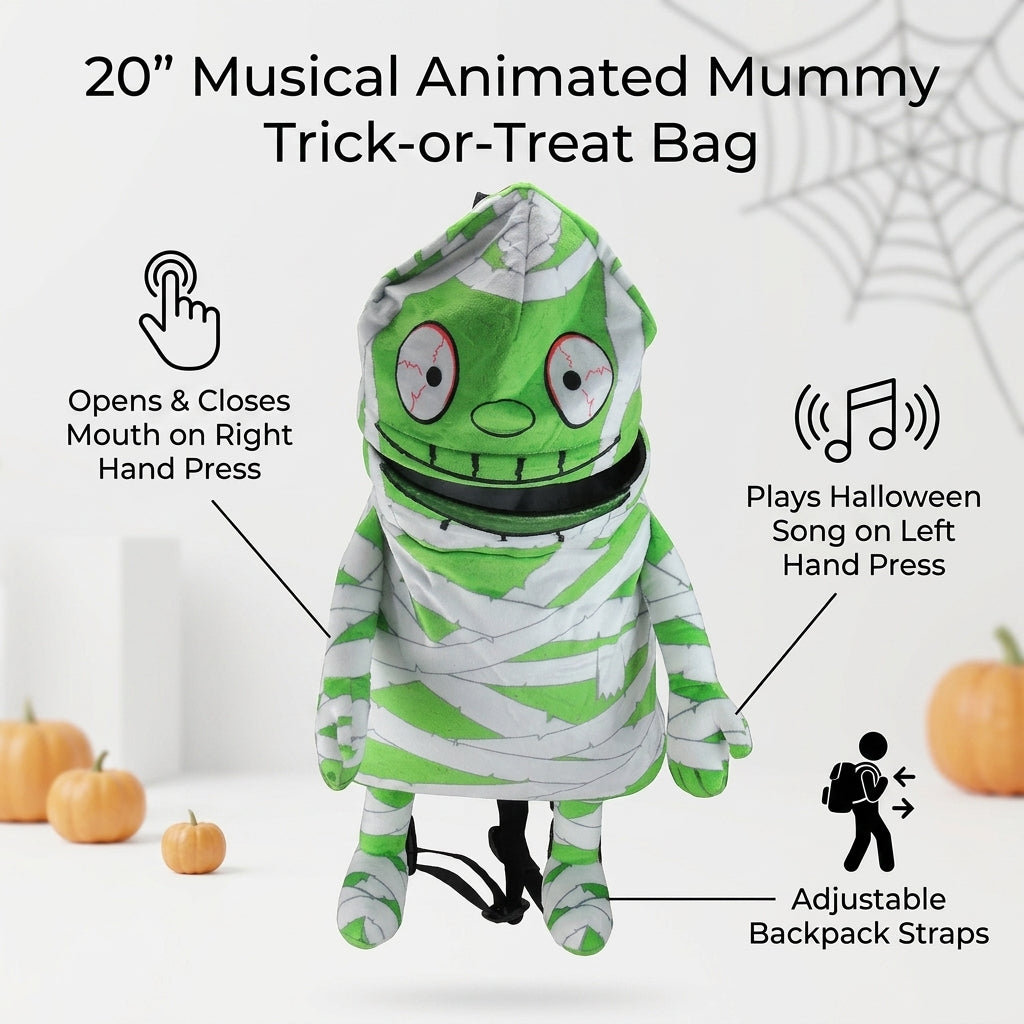 Animated mummy Halloween backpack showing mouth audio and adjustable strap features