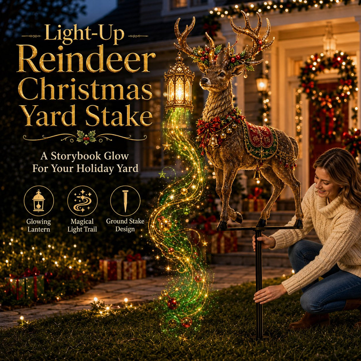 Light-up Christmas reindeer yard stake with glowing lantern and green gold starlight trail