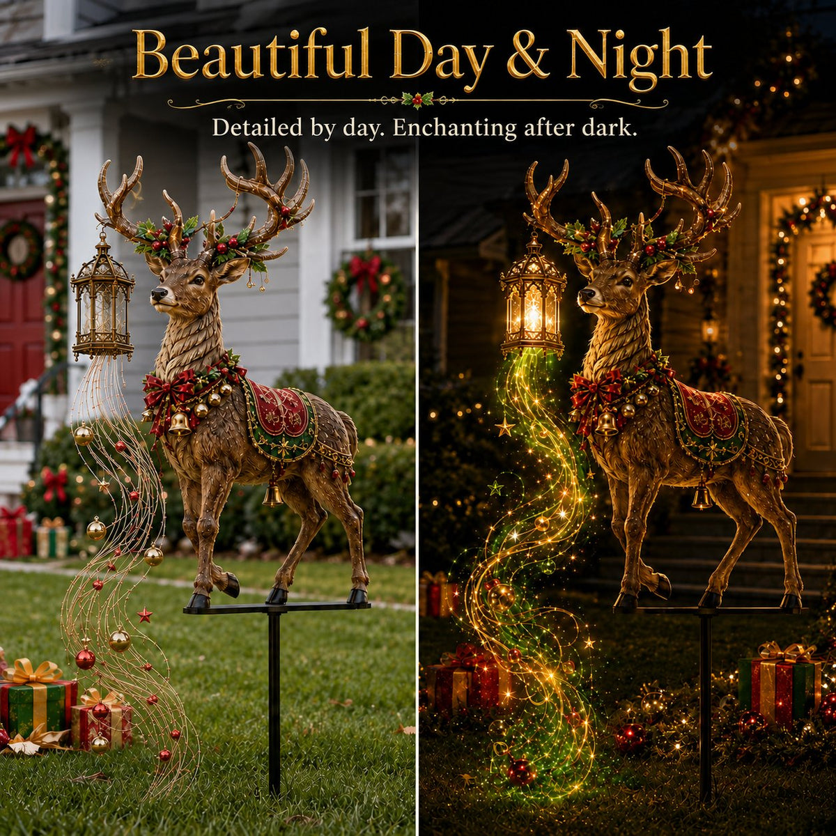 Christmas reindeer yard stake shown during daytime and illuminated at night