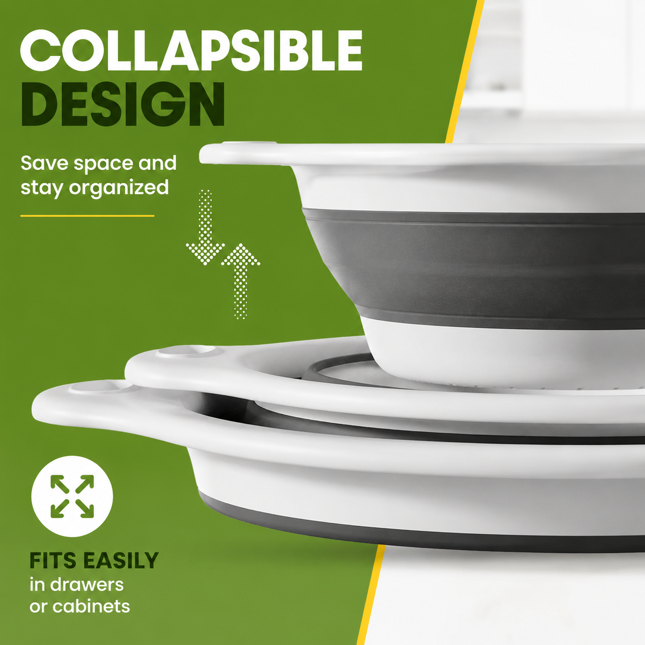 Collapsible colander compressed for compact kitchen storage