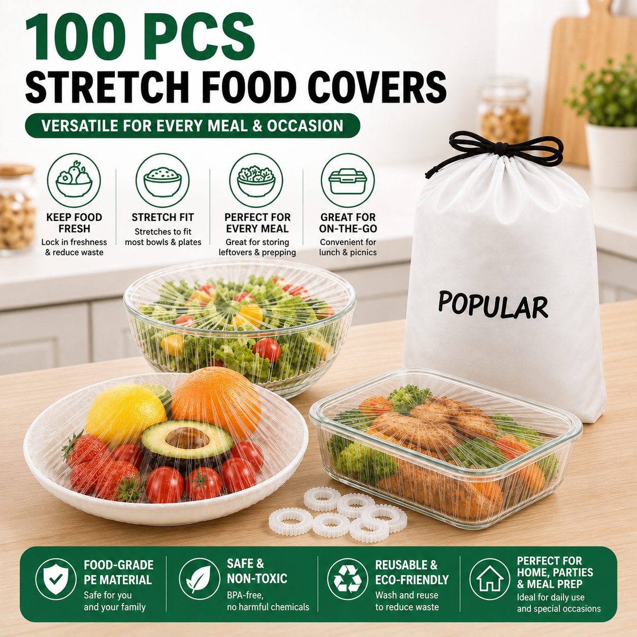Stretch food covers used on different bowls plates and containers