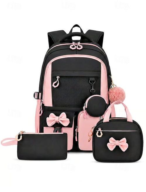 Girls Backpack Set 3PCS School Backpack with Lunch Bag & Pencil Case, Large Capacity Multi-Pocket Water Resistant Polyester Bookbag, Travel Friendly Luggage Strap, Anti-Theft Pocket, Pink Purple Blue
