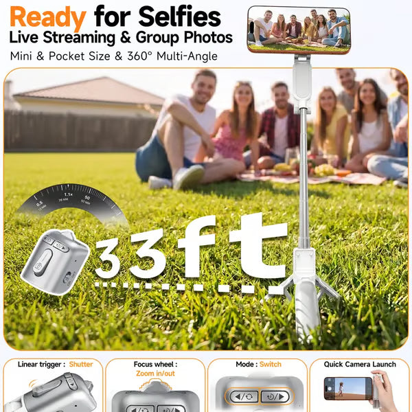 3-in-1 Compact Metal Selfie Stick-Tripod for Cellphone- Black Selfie Stick Kit + Light with Quick Magnetic Setup, Adjustable Holder, Rotatable Stabilizer, Extendable Remote, 3 Rings, Fill Light Ready Mobile Accessory, Selfie Sti