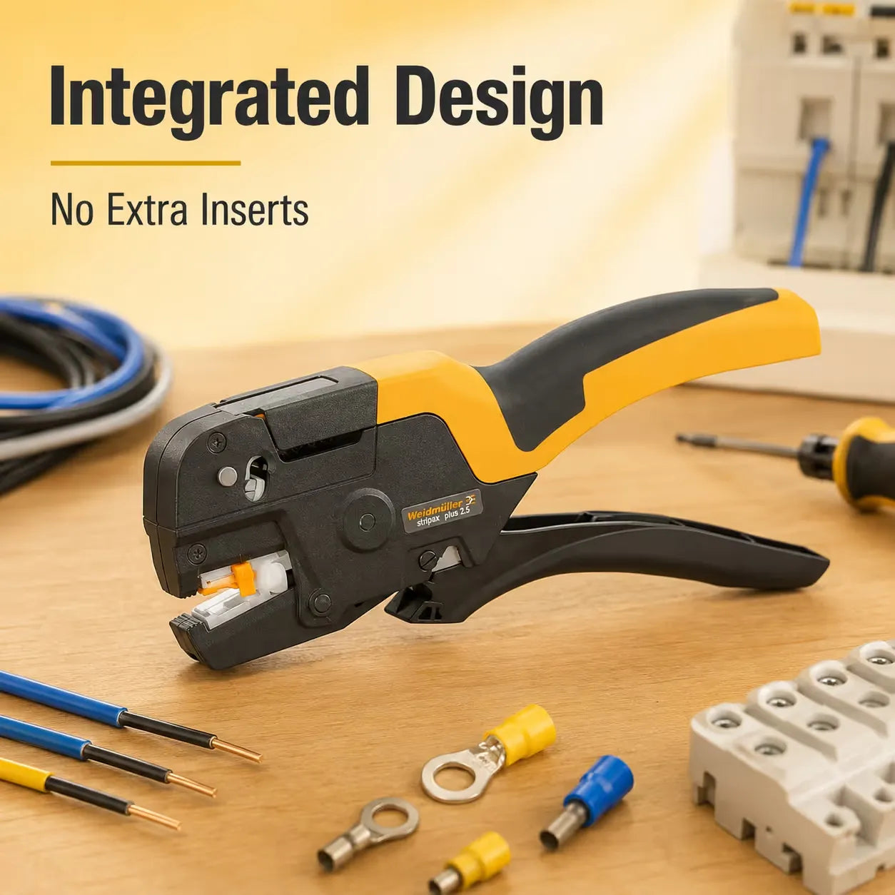 Integrated multi-function wire ferrule crimper with no extra inserts