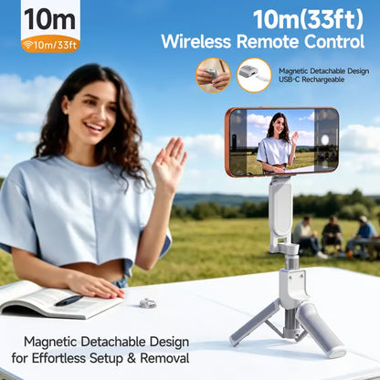3-in-1 Compact Metal Selfie Stick-Tripod for Cellphone- Black Selfie Stick Kit + Light with Quick Magnetic Setup, Adjustable Holder, Rotatable Stabilizer, Extendable Remote, 3 Rings, Fill Light Ready Mobile Accessory, Selfie Sti