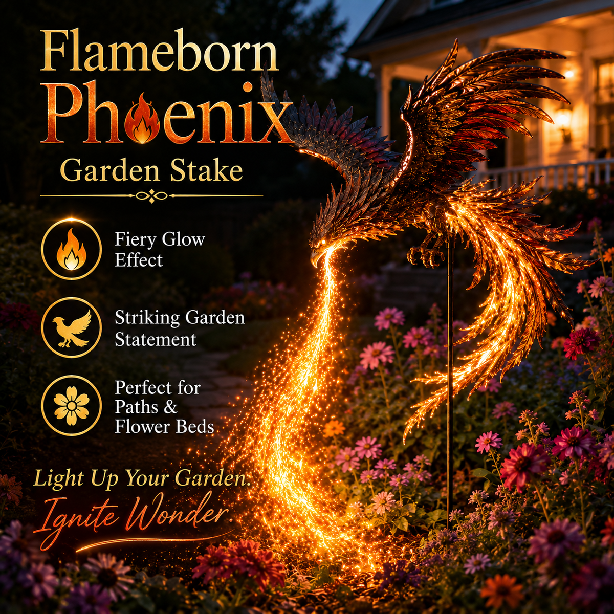 Solar Phoenix Fire Garden Light glowing in an outdoor garden display