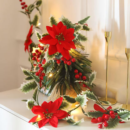 32.8 FT Lighted Christmas Poinsettia Garland with Red Flowers & Berries, Battery-Operated Holiday String Lights for Xmas & New Year Home Decor