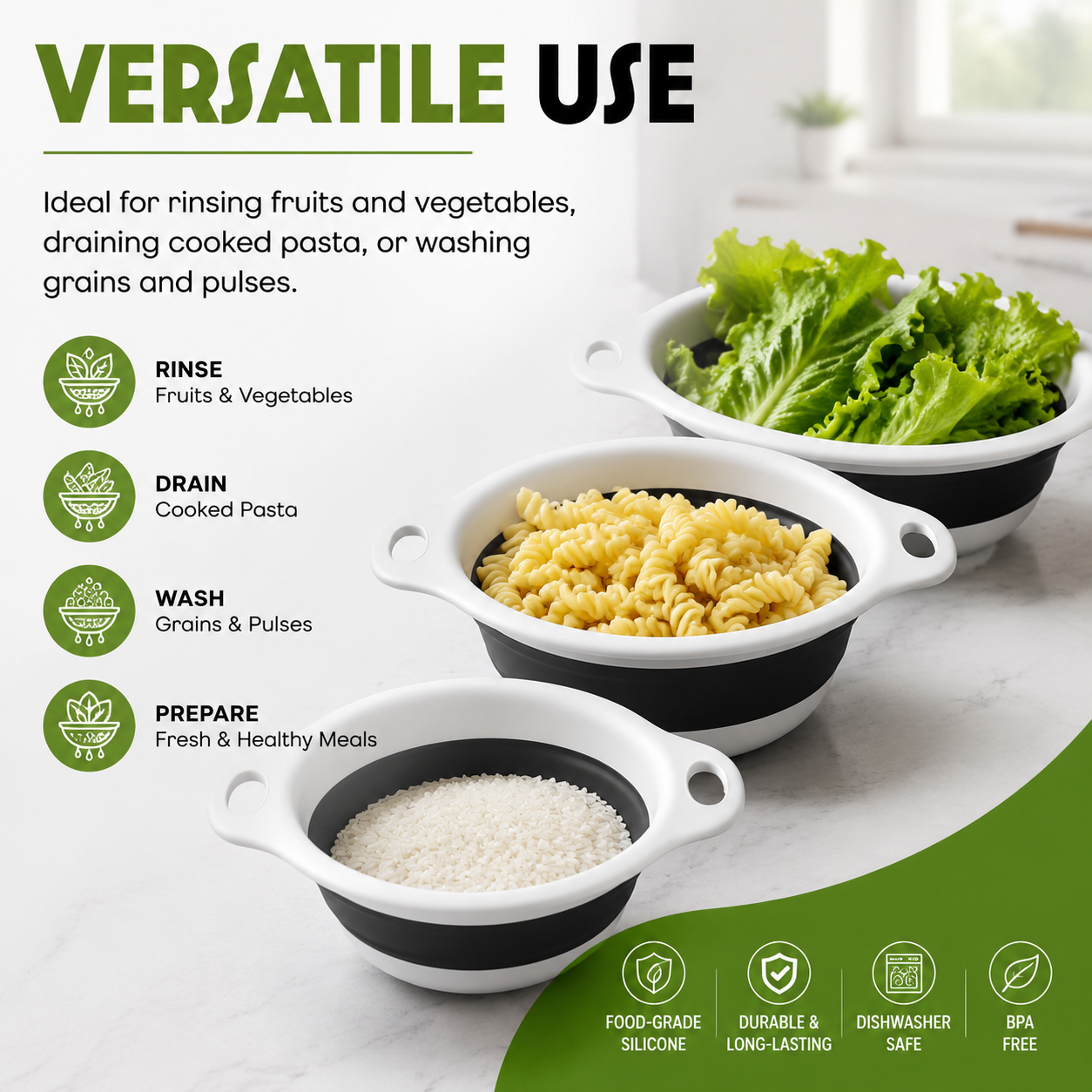 Collapsible colanders used for vegetables pasta and rice