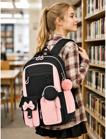 Girls Backpack Set 3PCS School Backpack with Lunch Bag & Pencil Case, Large Capacity Multi-Pocket Water Resistant Polyester Bookbag, Travel Friendly Luggage Strap, Anti-Theft Pocket, Pink Purple Blue