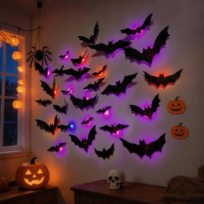 72 Pack Remote Control Light-Up 3D Halloween Bat Wall Decor – Flashing Bat Stickers for Indoor Party, Bedroom, Bathroom Mirror, Garage & Door Decorations