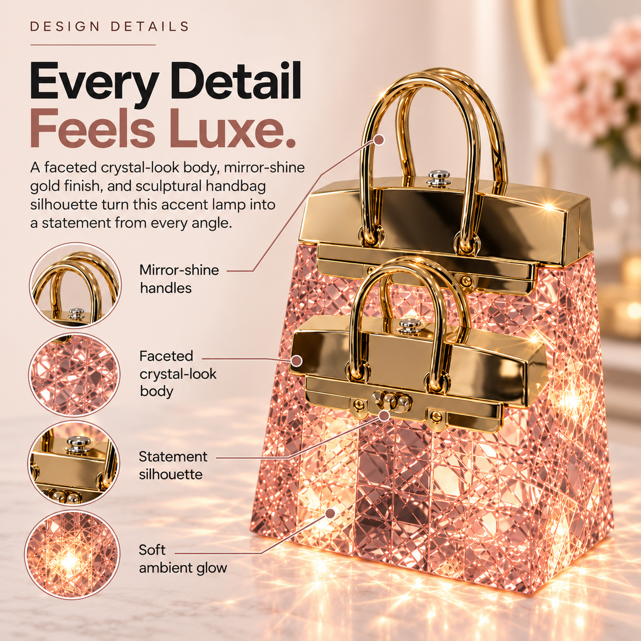 Close-up design details of crystal-look handbag lamp with mirror-shine gold-tone handles