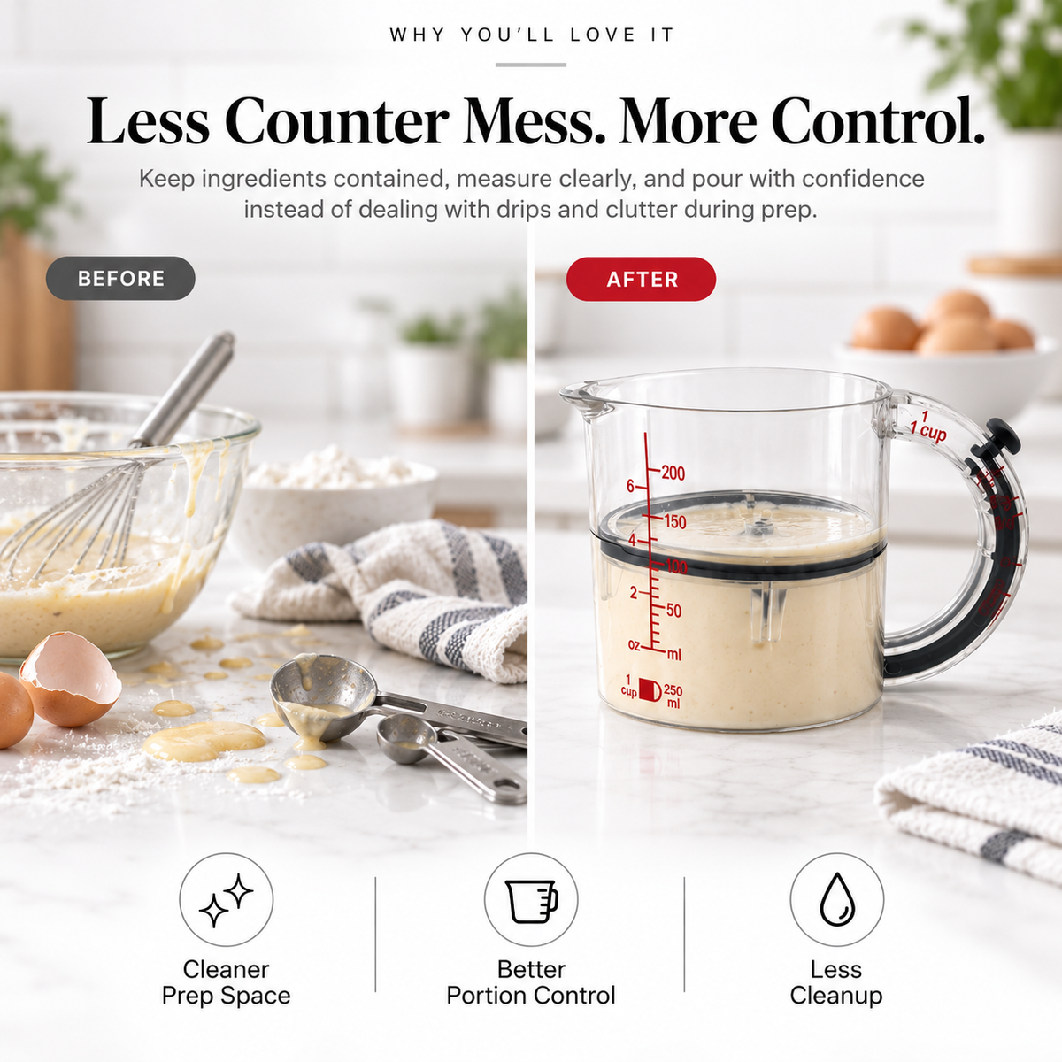 Cleaner kitchen preparation with a measuring and prep cup