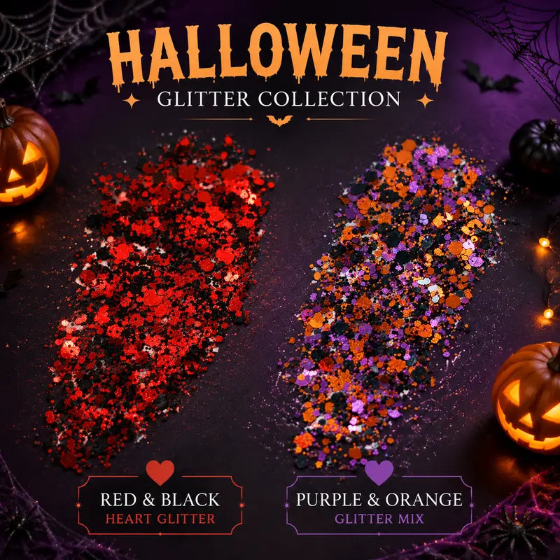 Red black heart glitter and purple orange Halloween glitter options