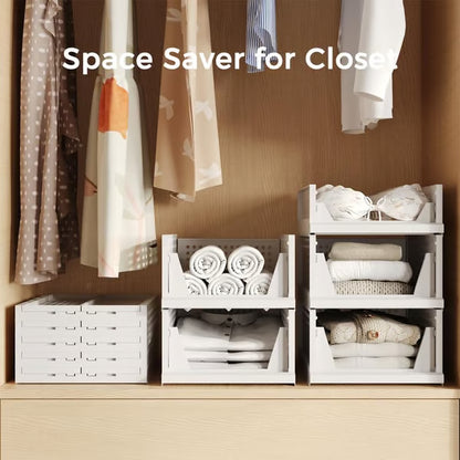 Pinkpum 4 Pack Stackable Plastic Storage Closet Organizers and Storage Bins Drawer Shelf Storage Container for Wardrobe Cupboard Kitchen Bathroom Office White
