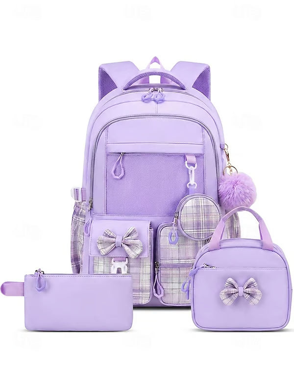 Girls Backpack Set 3PCS School Backpack with Lunch Bag & Pencil Case, Large Capacity Multi-Pocket Water Resistant Polyester Bookbag, Travel Friendly Luggage Strap, Anti-Theft Pocket, Pink Purple Blue