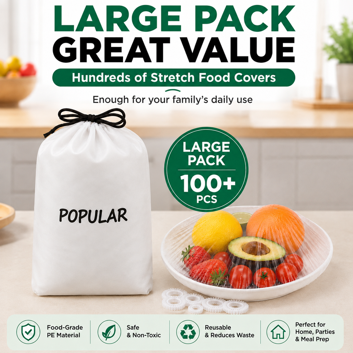 Large pack of stretch food covers for everyday kitchen use