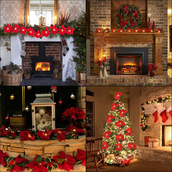32.8 FT Lighted Christmas Poinsettia Garland with Red Flowers & Berries, Battery-Operated Holiday String Lights for Xmas & New Year Home Decor