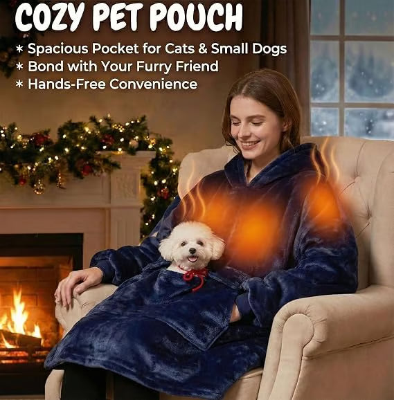 Heated Hoodie with Dog Pouch, Cat Hoodie Wearable Heated Blanket for Women and Men, Cozy Fleece Sweatshirt with Pet Pocket