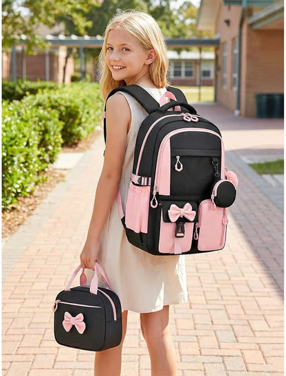 Girls Backpack Set 3PCS School Backpack with Lunch Bag & Pencil Case, Large Capacity Multi-Pocket Water Resistant Polyester Bookbag, Travel Friendly Luggage Strap, Anti-Theft Pocket, Pink Purple Blue